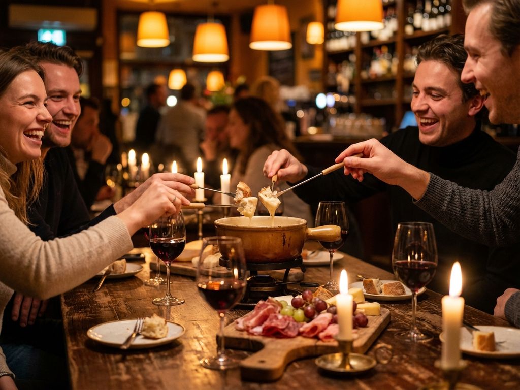 Vrienden delen kaasfondue aan houten tafel in gezellige Amsterdamse brasserie met kaarslicht en rode wijn