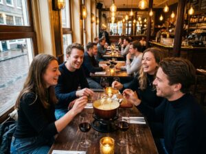 Vier vrienden delen kaasfondue aan houten tafel in gezellige Amsterdam brasserie met kaarslicht en rode wijn