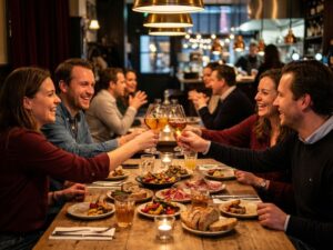 Vier vrienden delen kleine gerechten en cocktails aan houten tafel in gezellige Amsterdam brasserie bij kaarslicht