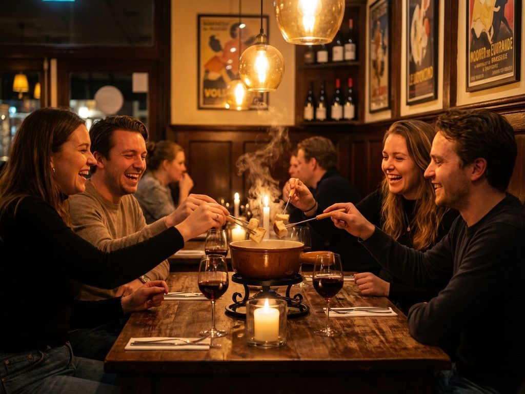 Vier vrienden delen kaasfondue aan rustieke houten tafel in gezellig Amsterdam restaurant met kaarslicht en rode wijn