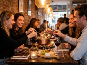 Vier vrienden delen kaasfondue aan houten tafel in gezellig Amsterdam restaurant met kaarslicht en rode wijn
