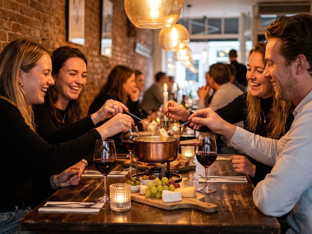 Vier vrienden delen kaasfondue aan houten tafel in gezellig Amsterdam restaurant met kaarslicht en rode wijn