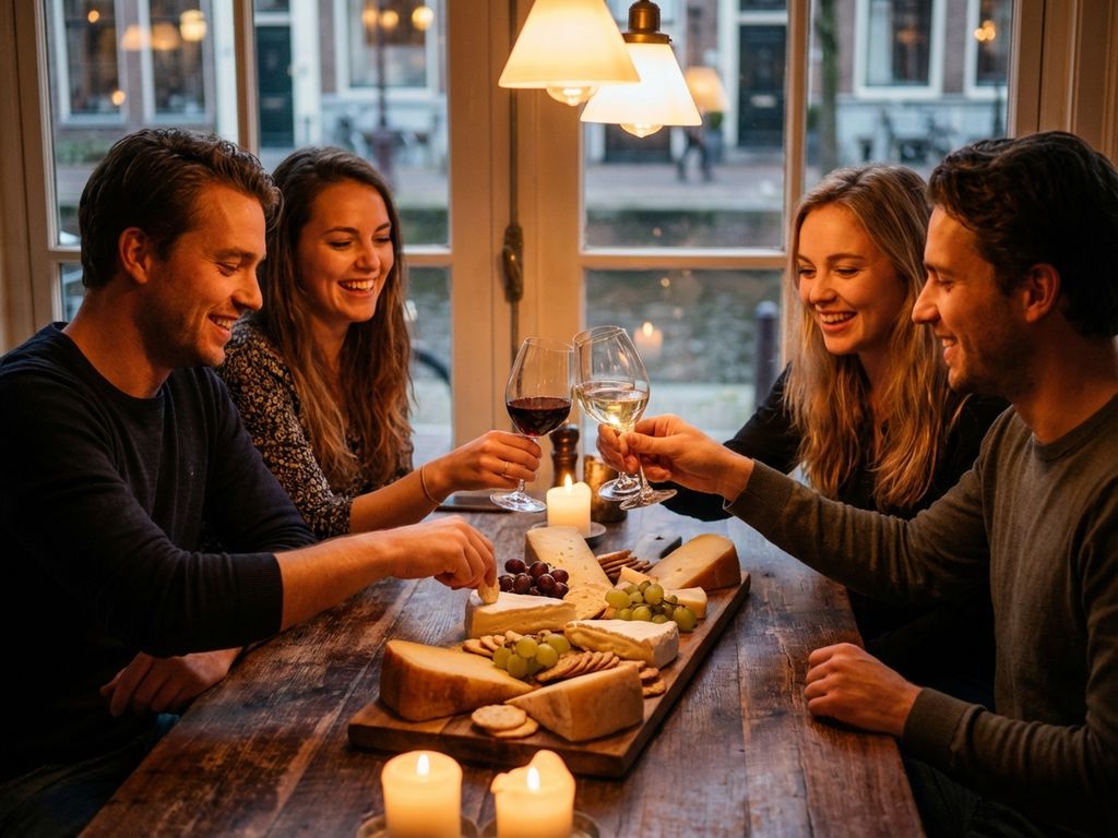 Vier vrienden delen kaasplank met gerijpte gouda en brie in gezellig Amsterdam restaurant bij kaarslicht