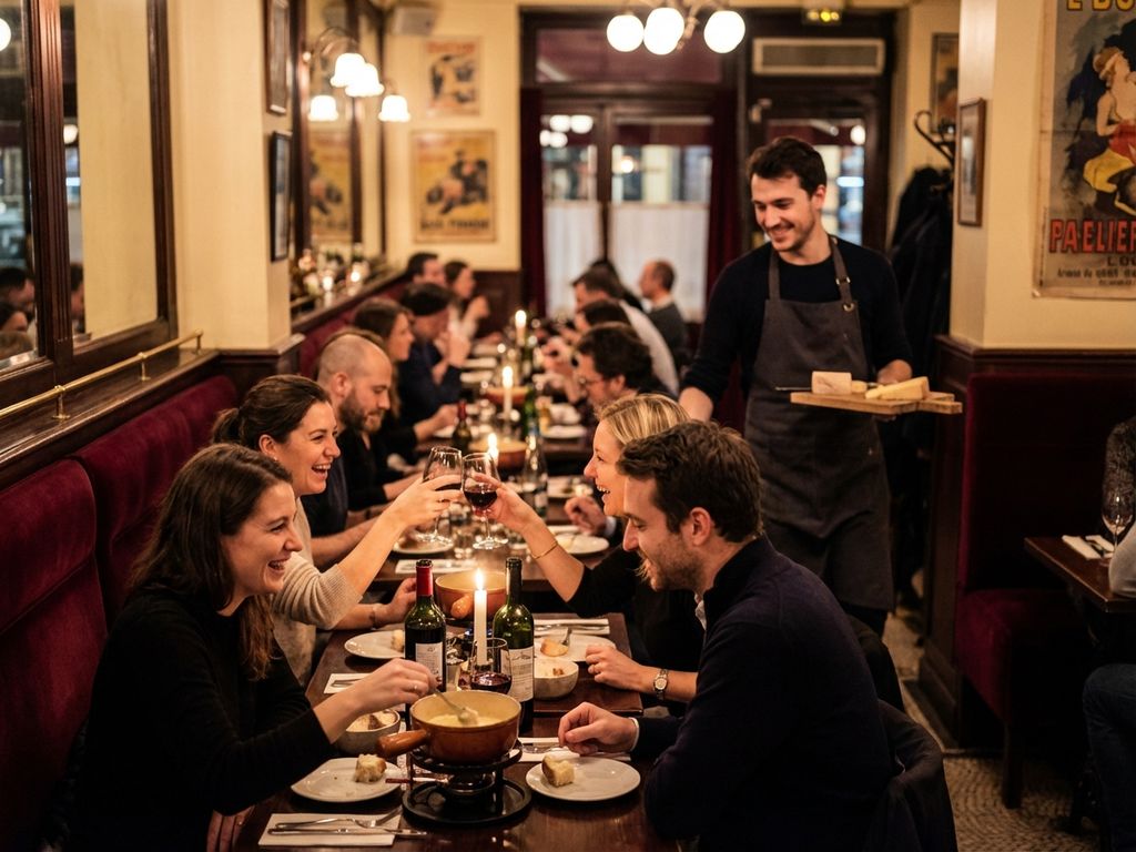 Gezellige Europese brasserie met families en vrienden die fondue delen aan houten tafels bij kaarslicht op zondagavond