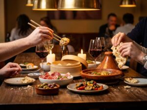 Internationale gerechten op houten tafel met handen die dumplings en naanbrood delen, wijnkaarslicht, brasserie-sfeer