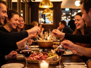 Vrienden delen kaasfondue en charcuterieplank aan warme brasserie tafel met rode wijn en kaarslicht