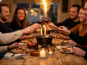 Vrienden delen kaasfondue en seizoensgroenten aan rustieke houten tafel in gezellige Nederlandse brasserie bij kaarslicht