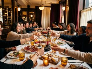 Mensen delen kaas en fondue aan gedekte brasserie tafel met wijn, kaarslicht en warme sfeer