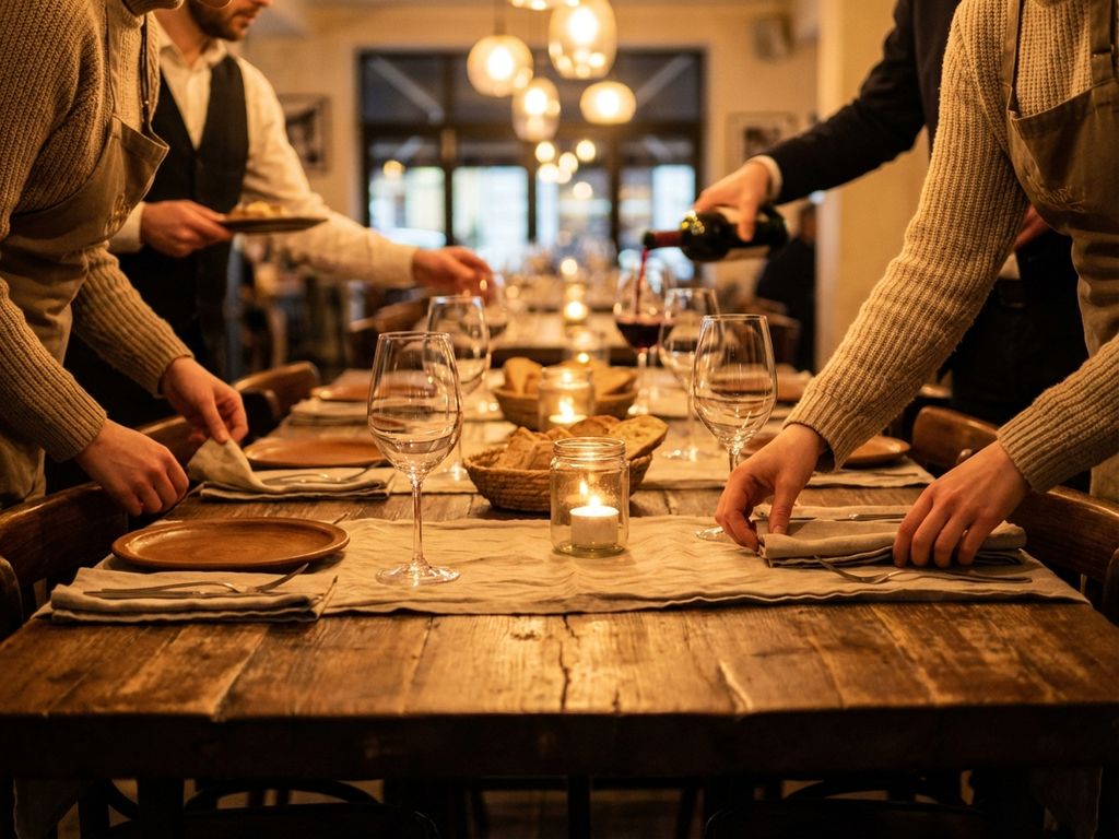 Europese brasserie tafel met gedekte plaatsen, handen die servetten schikken, sommelier schenkt rode wijn, warme sfeer