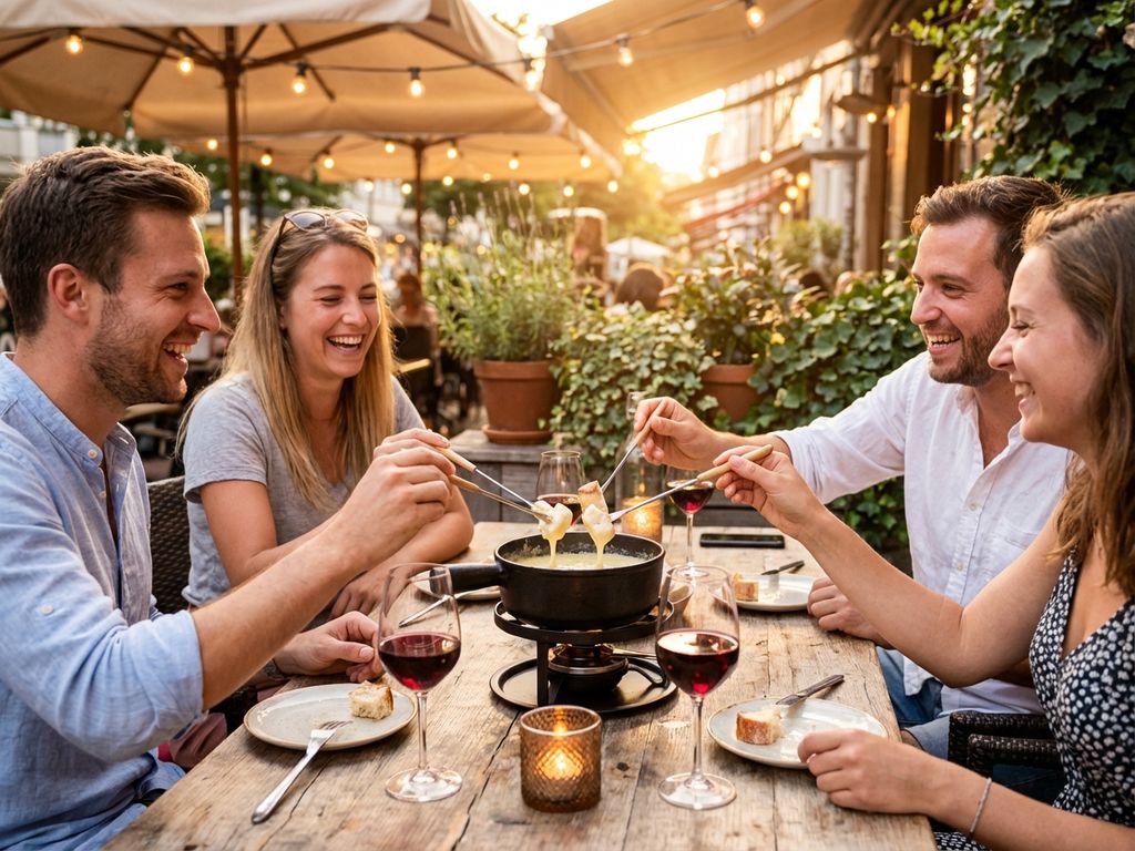 Vier vrienden delen kaasfondue op Europees brasserieterras tijdens gouden uur met wijn en sfeerlichten
