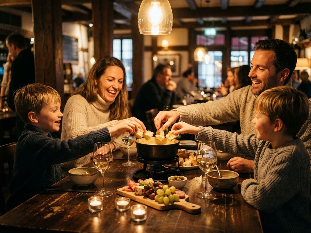Familie van vier geniet van kaasfondue aan rustieke houten tafel met kaarslicht en charcuterieplank