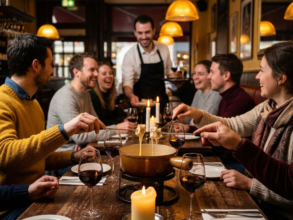 Diverse toeristen delen kaasfondue aan houten tafel in gezellige Europese brasserie met kaarslicht en rode wijn