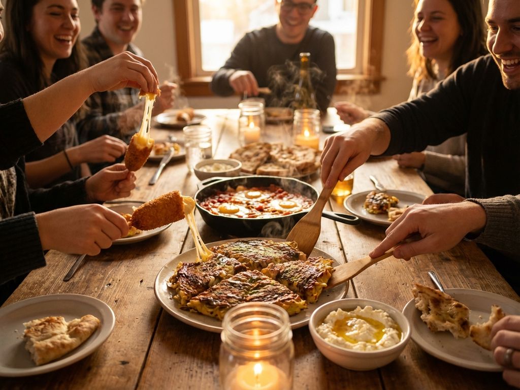 Rustieke houten tafel vol gedeelde gerechten uit 2026: Korean corn dogs, okonomiyaki, mezze en shakshuka bij kaarslicht