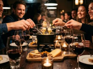 Mensen delen kaasfondue aan gezellige tafel in Amsterdam brasserie met wijn en brood bij kaarslicht