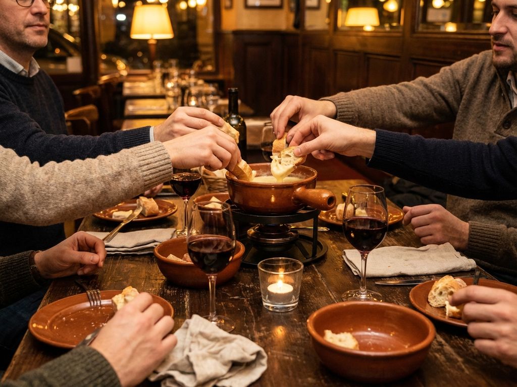 Mensen delen kaasfondue en wijn aan rustieke houten tafel in gezellige Europese brasserie bij kaarslicht