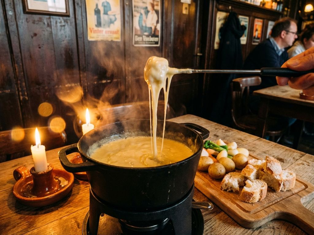 Borrelende gietijzeren fonduepan met gesmolten kaas op houten tafel in bruine kroeg, met brood en groenten