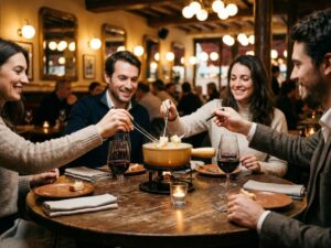 Elegante gasten delen kaasfondue aan rustieke houten tafel in gezellige Europese brasserie met kaarslicht en rode wijn