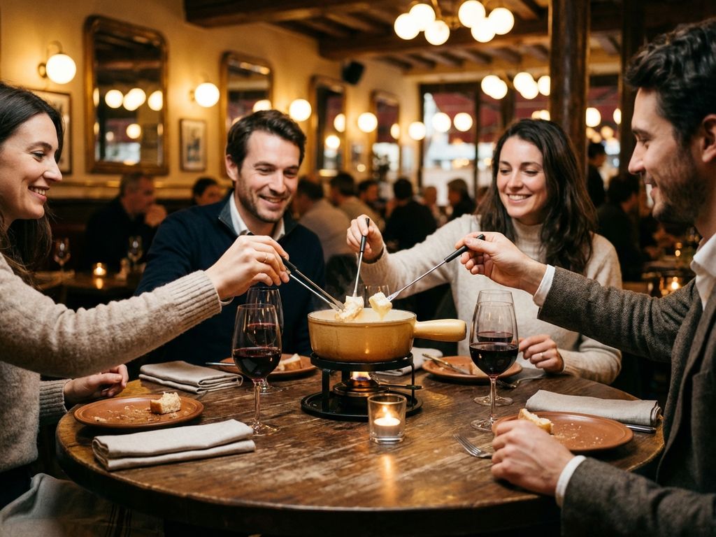 Elegante gasten delen kaasfondue aan rustieke houten tafel in gezellige Europese brasserie met kaarslicht en rode wijn