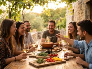 Vrienden delen kaasfondue op zonnig restaurantterras met wijn en vers brood op rustieke houten tafel