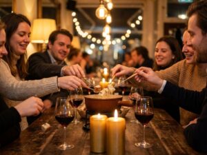Vrienden delen kaasfondue aan houten tafel in gezellige Amsterdamse brasserie met kaarslicht en rode wijn