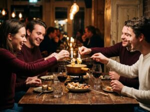 Vrienden delen kaasfondue aan rustieke houten tafel in gezellige Amsterdam brasserie met kaarslicht en rode wijn