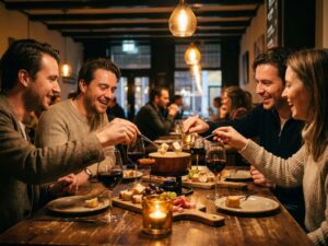 Vier vrienden delen kaasfondue aan rustieke houten tafel in gezellige Europese brasserie met kaarslicht en rode wijn