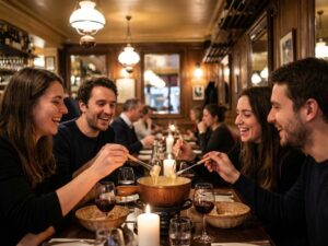 Vier vrienden delen kaasfondue aan warme brasserie tafel met wijn en kaarslicht in gezellige restaurant sfeer
