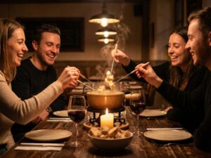 Vier vrienden delen kaasfondue aan houten tafel met kaarslicht in gezellig restaurant