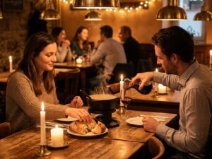 Romantisch stel deelt intiem diner met kaasfondue en rode wijn aan rustieke houten tafel in gezellige brasserie