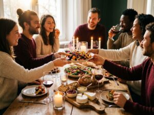 Diverse vrienden delen veganistische gerechten aan gezellige brasserie tafel bij kaarslicht tijdens gouden uur