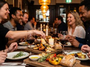 Diverse vrienden delen vegetarisch diner met geroosterde groenten, halloumi en wijn in gezellig Europees restaurant