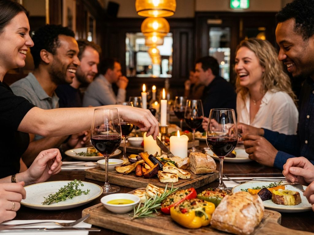 Diverse vrienden delen vegetarisch diner met geroosterde groenten, halloumi en wijn in gezellig Europees restaurant