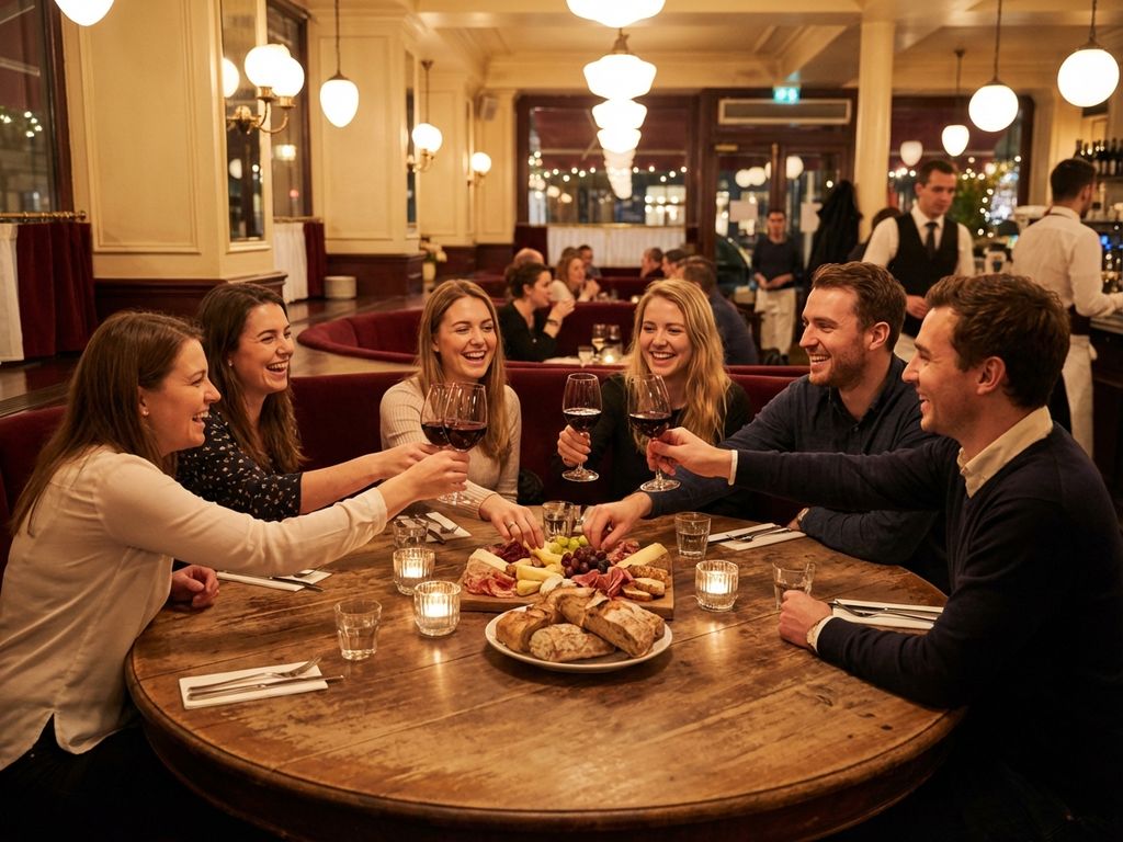 Zes vrienden toasten met wijn rond charcuterieplank in gezellige Europese brasserie met warme kaarslichtverlichting
