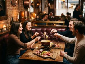 Vrienden delen fondue en wijn aan donkere houten tafel in gezellig bruin café met kaarslicht en bakstenen muren