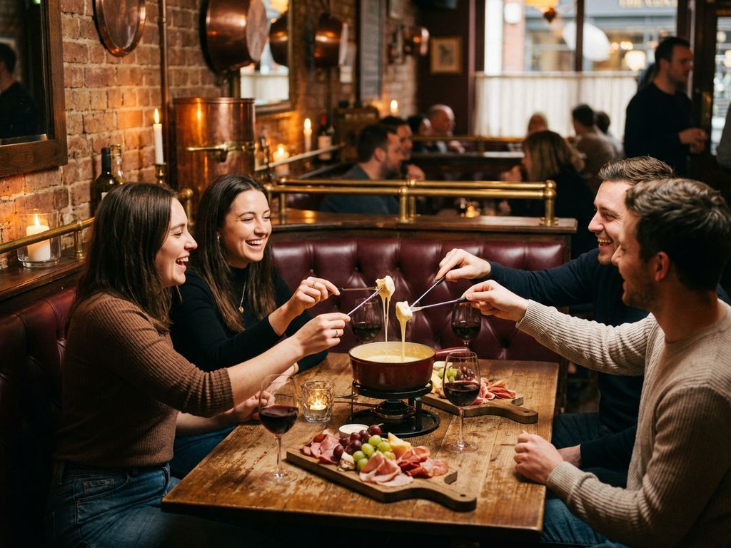 Vrienden delen fondue en wijn aan donkere houten tafel in gezellig bruin café met kaarslicht en bakstenen muren