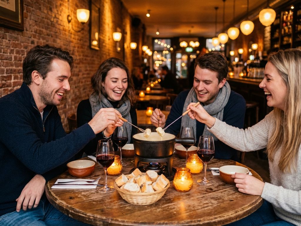 Vier vrienden delen kaasfondue aan houten tafel in gezellige Amsterdamse brasserie met kaarslicht en rode wijn