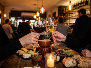 Handen houden rode en witte wijnglazen boven gedeelde tafel met kaasplankjes en fondue in gezellige brasserie
