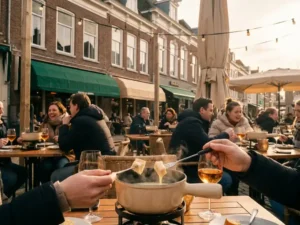 Terrasdiner geniet van kaasfondue op houten tafel in Breda, Nederlandse bakstenen gebouwen op achtergrond