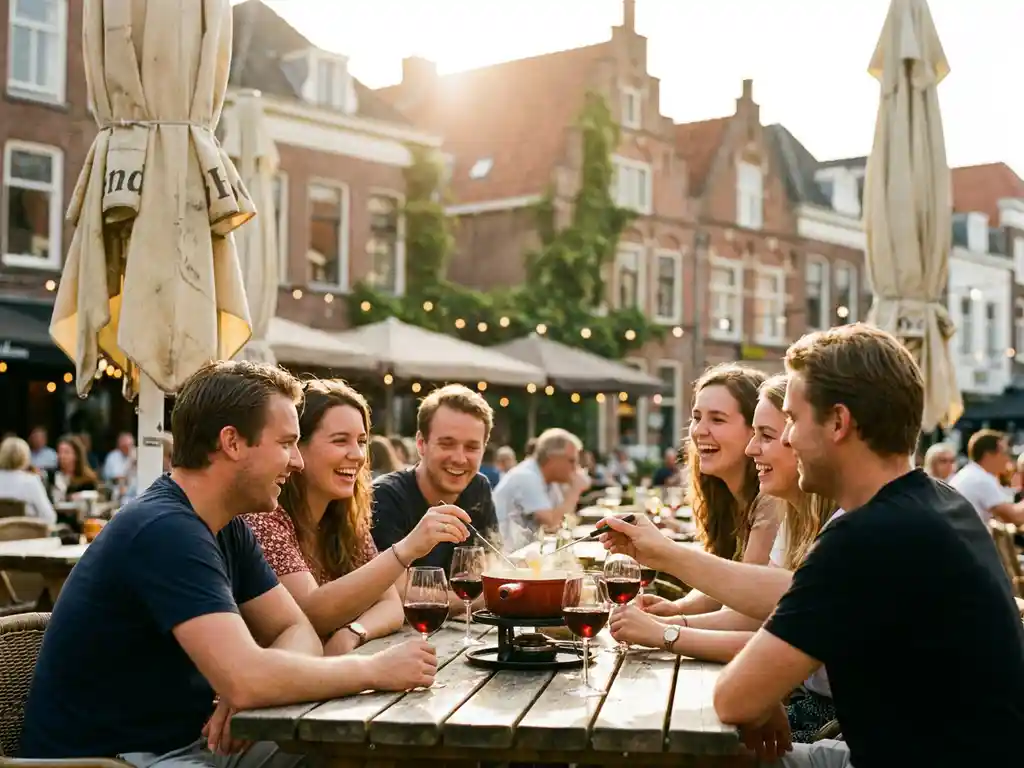 Vrienden delen kaasfondue op houten tafel op zonnig terras in Breda met Nederlandse bakstenen gebouwen op achtergrond