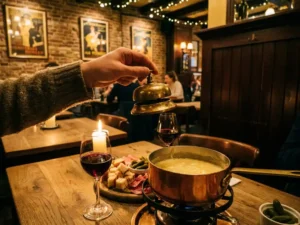 Hand met vintage messing reserveringsbel boven rustieke houten tafel met fondue setup, gesmolten kaas in koperen pan, wijnglazen in kaarslicht, gezellige Nederlandse brasserie