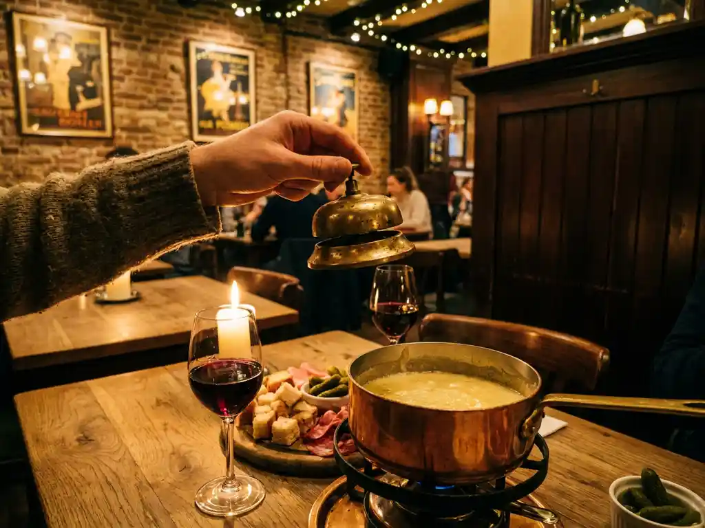 Hand met vintage messing reserveringsbel boven rustieke houten tafel met fondue setup, gesmolten kaas in koperen pan, wijnglazen in kaarslicht, gezellige Nederlandse brasserie