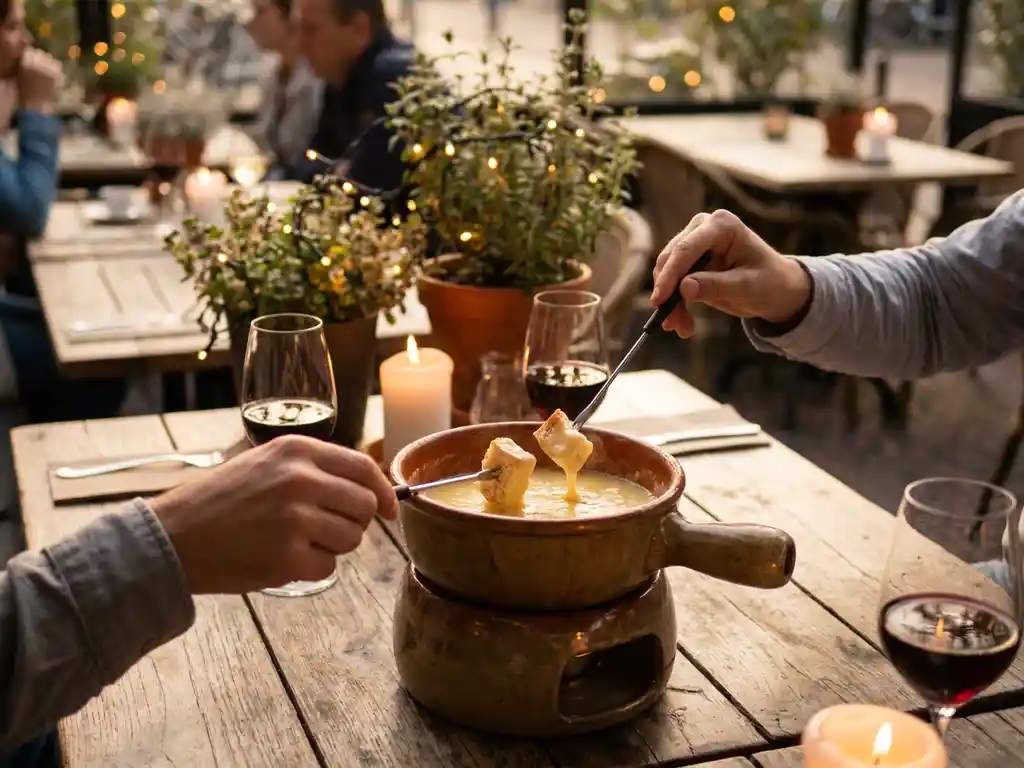 Bubbellende keramische fonduepan met gesmolten kaas op houten terras in Breda, handen met fonduevorken en brood, wijnglasjes bij kaarslicht