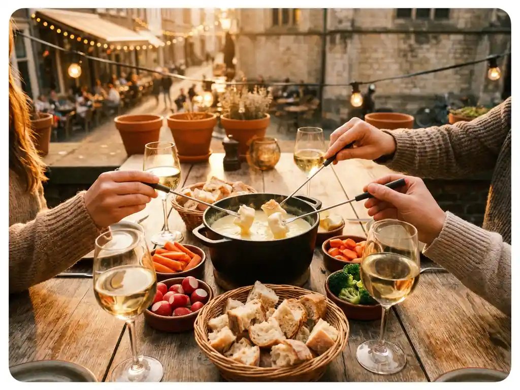 Kaasfondue pot op houten terras tafel in Breda met broodblokjes, groenten en wijnglazen in gouden licht