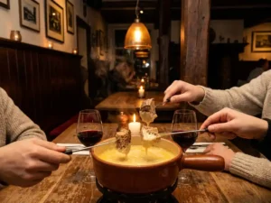 Gouden kaasfondue pot op rustieke houten tafel in gezellig Den Bosch restaurant met kaarslicht en wijnglasjes