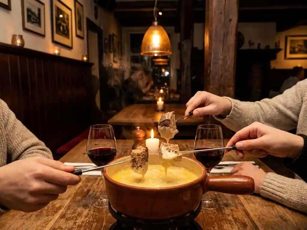 Gouden kaasfondue pot op rustieke houten tafel in gezellig Den Bosch restaurant met kaarslicht en wijnglasjes