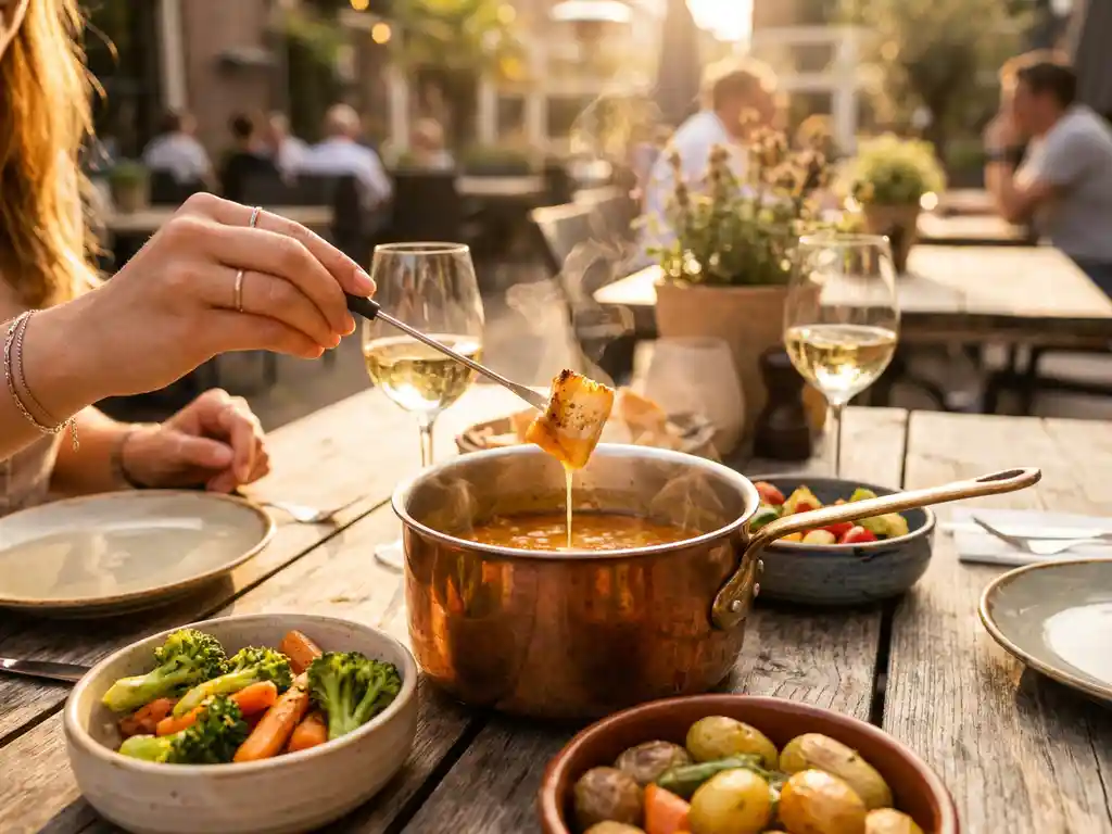 Gouden kaasfondue in koperen pot met glutenvrij brood en seizoensgroenten op houten tafel in Breda restaurant