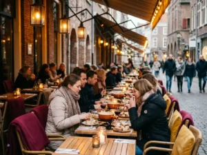 Gezellig restaurantterras in Den Bosch met gasten die kaasfondue delen bij kaarslicht tussen historische bakstenen gebouwen