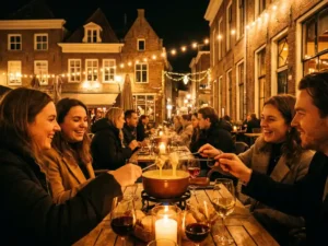 Gasten delen gouden kaasfondue aan kaarslichte tafels op restaurant terras in historisch Breda, vrienden lachen terwijl ze brood dippen