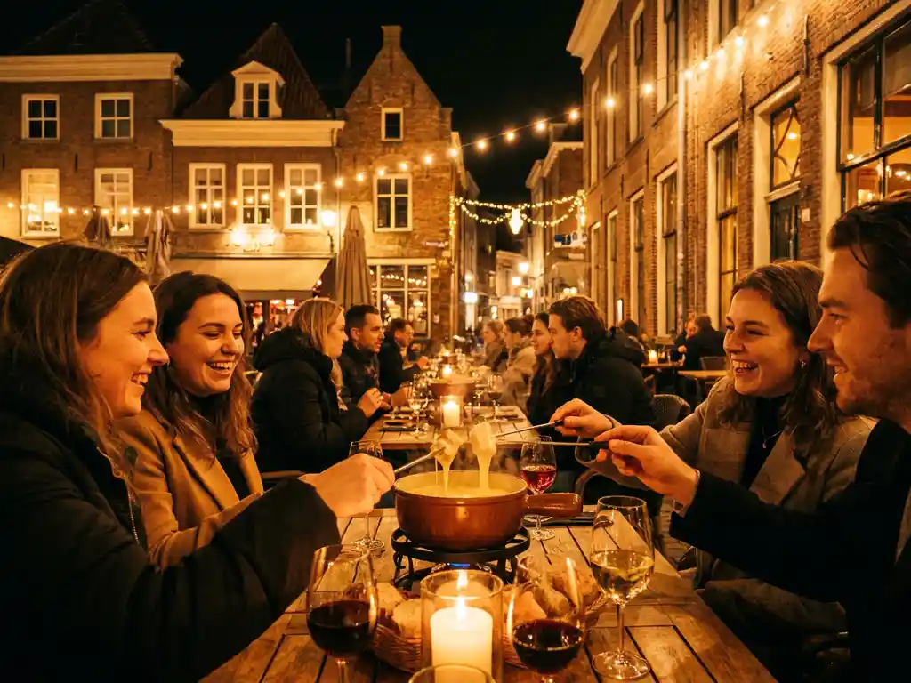 Gasten delen gouden kaasfondue aan kaarslichte tafels op restaurant terras in historisch Breda, vrienden lachen terwijl ze brood dippen