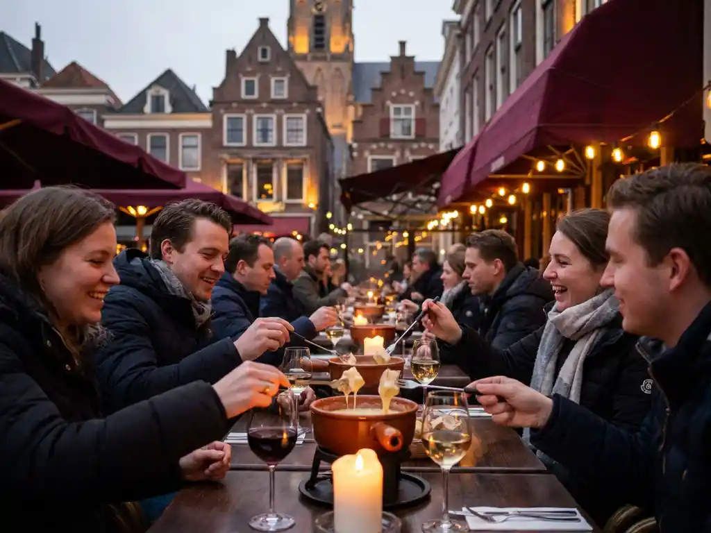 Gezellige restaurantterras in Den Bosch waar gasten kaasfondue delen aan kaarsverlichte tafels met historische Nederlandse architectuur op de achtergrond
